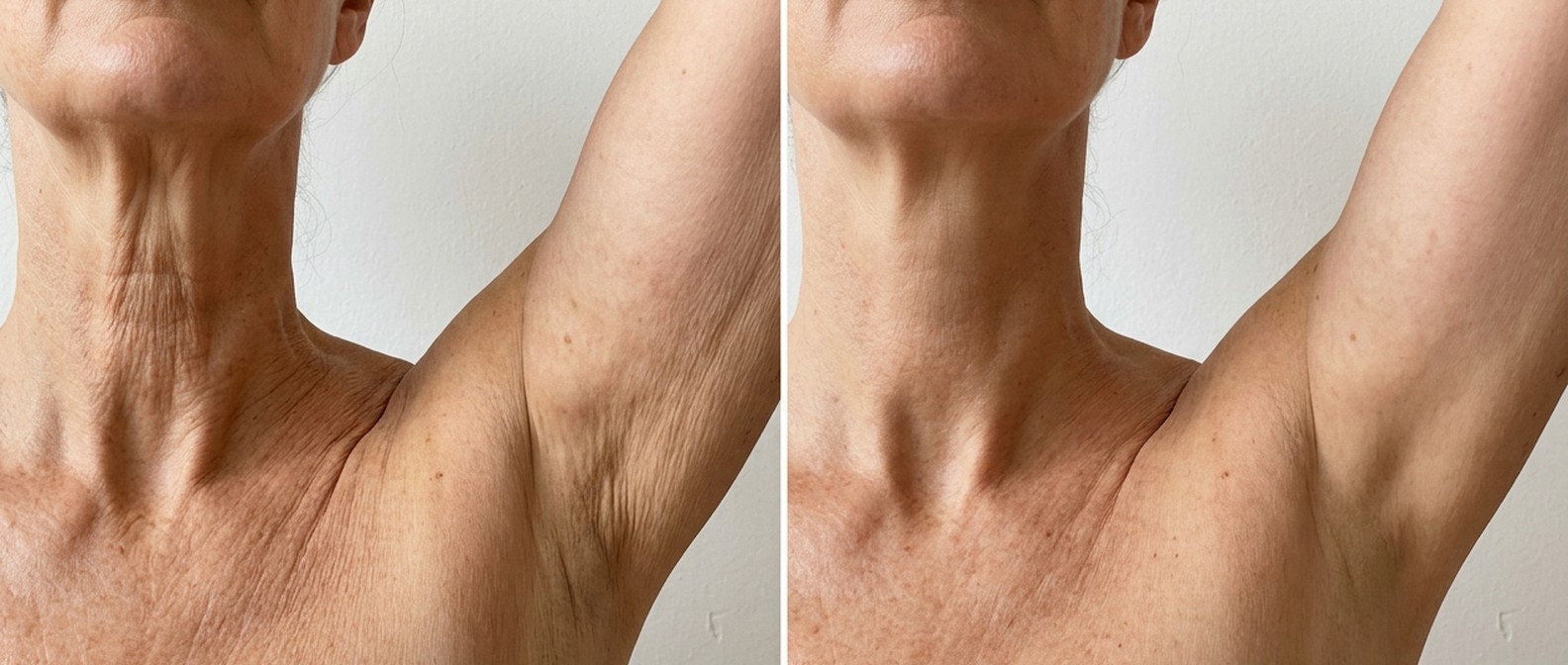 Neck, d&eacute;colletage and upper arm before and after 30 days, showing reduced crepey texture